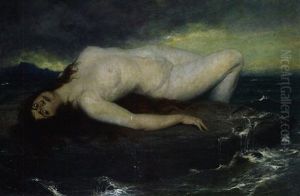 Frauenakt Auf Einem Felsen Im Meer Liegend, Von Tosendem Wasser Umgeben by Ferdinand Leeke