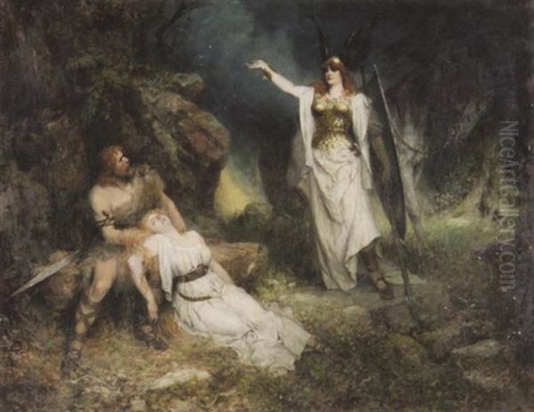 Die Wallkure. Siegmund Mit Ohnmachtiger Sieglinde In Seinen Armen. Im Hintergrund Brunnhilde, Seinen Nahen Tod Verkundend - view 1