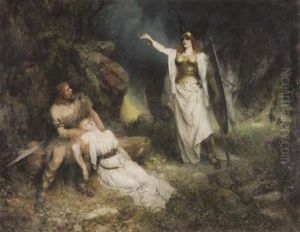 Die Wallkure. Siegmund Mit Ohnmachtiger Sieglinde In Seinen Armen. Im Hintergrund Brunnhilde, Seinen Nahen Tod Verkundend Die Wallkure. Siegmund Mit Ohnmachtiger Sieglinde In Seinen Armen. Im Hintergrund Brunnhilde, Seinen Nahen Tod Verkundend