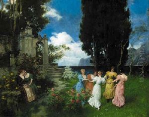 Girls Dancing In A Garden On The Italian Coast by Ferdinand Leeke