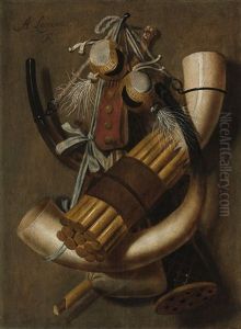 A Trompe L"oeil Still Life Of Hunting Paraphernalia by Antonius Leemans