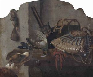 A 'desus-de-porte' Of A Hunting Still Life With A Dog, A Cat, A Partridge And A Kingfisher, All On A Wooden Table by Antonius Leemans