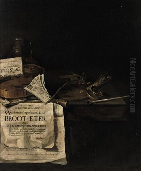 A Violin, A Flute, Sheet Music, A Painter's Palette With Brushes, A Pipe, Tobacco In A Gild Box, Various Papers And An Earthenware Jug... - view 1