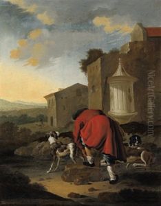 Ein Jager Mit Seinen Hunden In Einer Sudlichen Landschaft by Antonius Leemans