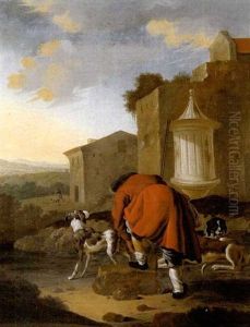 Ein Jager Mit Seinen Hunden Vor Hausern In Einer Sudlichen Landschaft Sich Einen Schuh Bindend by Antonius Leemans