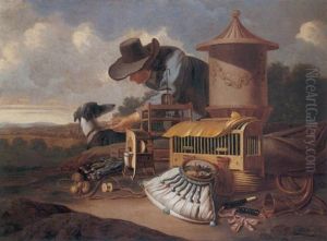 A Still Life Of Bird Cages, A Bird Trap, Hunting Horns, A Hunting Bag, A Boy And His Hound In A Landscape by Antonius Leemans