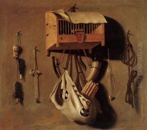 A Trompe L'oeil Still Life Of A Caged Bird And Hunting Equipment by Antonius Leemans