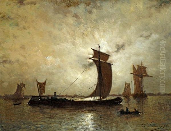 Shipping Scene In A Moonlit Estuary - view 1