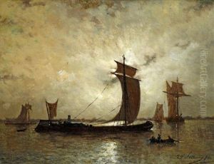 Shipping Scene In A Moonlit Estuary by Egide Francois Leemans
