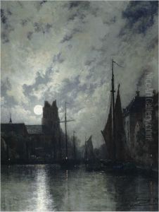 Canal In Dordrecht At Moonlight by Egide Francois Leemans