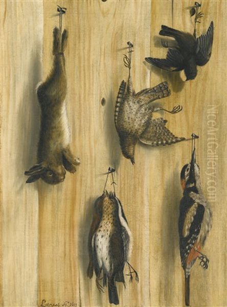 A Trompe L'oeil Still Life With A Rabbit And Various Birds Hanging From Nails - view 1