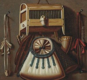 A Trompe L'oeil Still Life With A Bird Cage, A Hunting Horn And Other Hunting Equipment Hanging On A Wall by Johannes Leemans