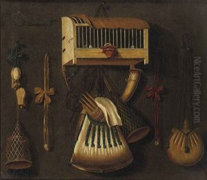 A Trompe L'oeil Still Life With A Bird In A Cage, A Hunting Horn, A Bird Whistle, And Other Hunting Implements Hanging On A Wall