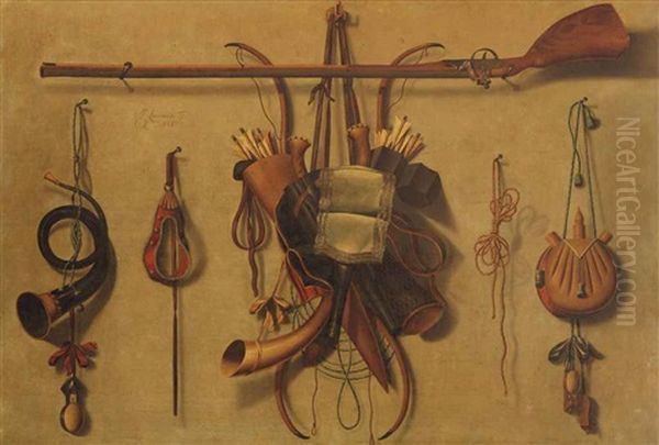 A Trompe L'oeil Still Life With Hunting Paraphernalia Hanging On A Wall - view 1