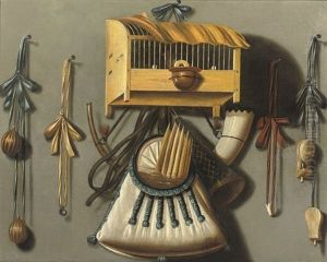 A Trompe L'oeil Still Life With A Bird In A Cage by Johannes Leemans