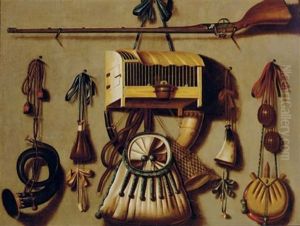 A Trompe L'oeil Still Life With A Gun, A Bird In A Cage, A Hunting Horn, Gun Powder, And Other Hunting Implements Hanging On A Wall by Johannes Leemans