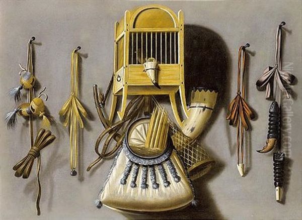 A Trompe-l'oil Hunting Still Life With A Bird In A Cage, A Hunting Horn And Bag, Bird Of Prey Hoods, Gunpowder Horns And Other Hunting Equipment - view 1