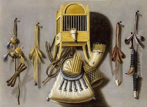 A Trompe-l'oil Hunting Still Life With A Bird In A Cage, A Hunting Horn And Bag, Bird Of Prey Hoods, Gunpowder Horns And Other Hunting Equipment by Johannes Leemans