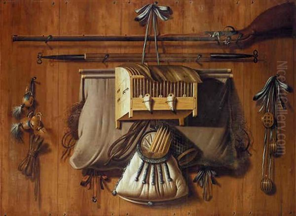 A Trompe L'oeil Still Life Of Implements Of The Chase, Including A Musket, A Bag Of Snares, A Bag Containing A Net And Other Hunting Implements - view 1