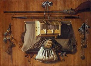 A Trompe L'oeil Still Life Of Implements Of The Chase, Including A Musket, A Bag Of Snares, A Bag Containing A Net And Other Hunting Implements A Trompe L'oeil Still Life Of Implements Of The Chase, Including A Musket, A Bag Of Snares, A Bag Containing A Net And Other Hunting Implements