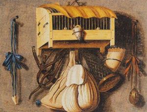 A Trompe L'oeil Still Life Of A Birdcage And Other Hunting Paraphernalia