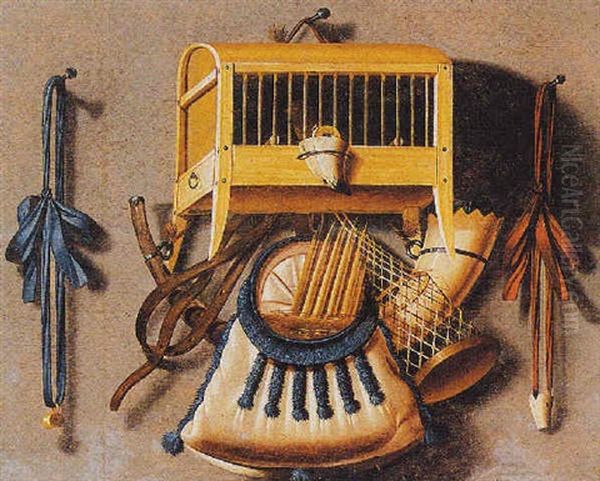 A Trompe L'oeil Still Life Of A Birdcage And Hunting Paraphernalia - view 1
