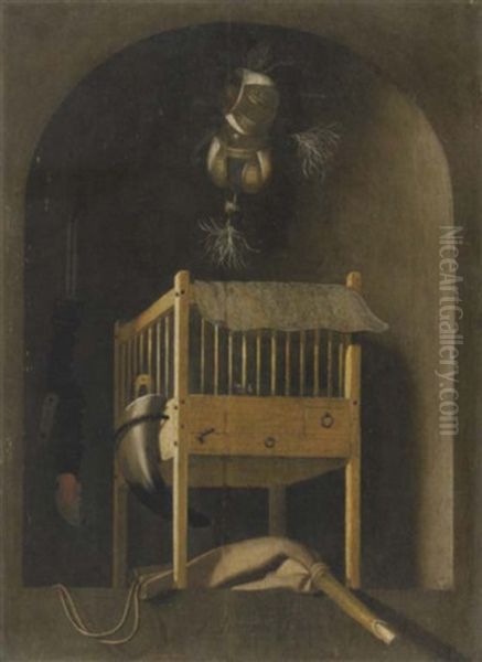 A Hunting Still Life With A Bird Cage, Falcons' Hoods And A Powder Bag In A Niche - view 1