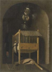 A Hunting Still Life With A Bird Cage, Falcons' Hoods And A Powder Bag In A Niche