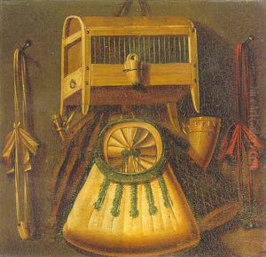 A Trompe L'oeil With A Powder Horn, A Gunpowder Pouch And Other Hunting Equipment Hanging Beside A Birdcage A Trompe L'oeil With A Powder Horn, A Gunpowder Pouch And Other Hunting Equipment Hanging Beside A Birdcage
