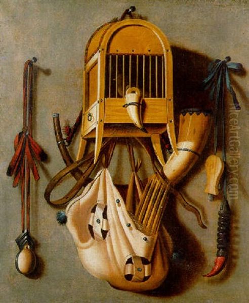 A Trompe L'oeil Of Hunting Equipment Hanging Against A Partition - view 1
