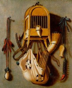 A Trompe L'oeil Of Hunting Equipment Hanging Against A Partition by Johannes Leemans