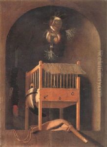 A Trompe L'oeil Of A Bird Cage, Gunpowder Horn, Bird Of Prey Hoods And Other Hunting Equipment