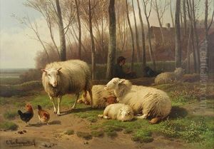 Figure With Dog, Sheep And Chickens by Cornelis van Leemputten