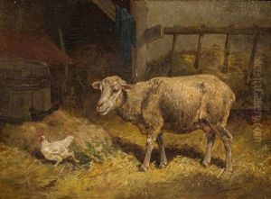 Sheep And Chicken In Barnyard by Cornelis van Leemputten