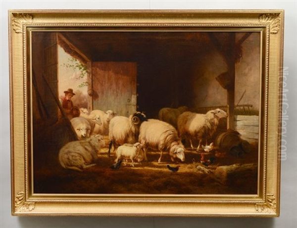 Interior Barn Scene With Sheep, Chickens And Farmer - view 1