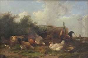 Barnyard Scene With Chickens by Cornelis van Leemputten