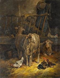 Schafe Und Federvieh Im Stall by Cornelis van Leemputten