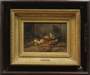 Rooster And Hens In A Barn by Cornelis van Leemputten