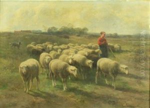 Shepherd With Flock Of Sheep by Cornelis van Leemputten