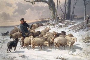 Schafhirte Und Herde In Winterlicher Landschaft Schafhirte Und Herde In Winterlicher Landschaft