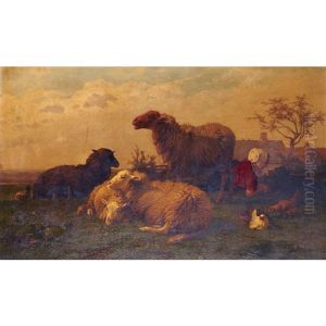 A Maiden Resting With Her Dog, Sheep And Chickens by Cornelis van Leemputten
