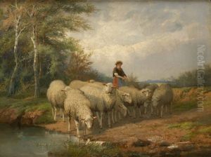 Les Moutons Au Bord Du Gue by Cornelis van Leemputten