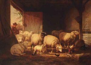 A Shephard And His Stock In A Barnyard by Cornelis van Leemputten
