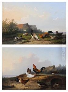 Chickens And Ducks By A Culvert Entrance (+ Chickens And Ducks By A Pond; Pair) by Cornelis van Leemputten