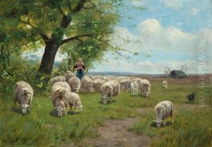 Shepherdess With Flock And Dog In A Wide Landscape by Cornelis van Leemputten