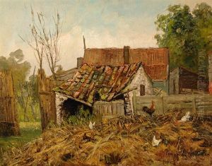 Chickens By A Farm by Cornelis van Leemputten