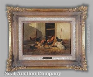 Rooster And Hens In The Barnyard by Cornelis van Leemputten