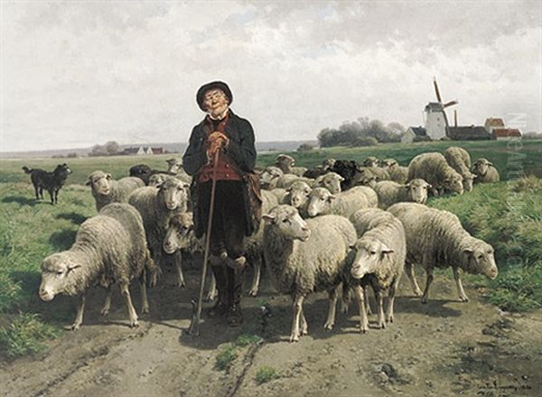 Alter Schafer Mit Seiner Grosen Herde In Sonniger Landschaft - view 1