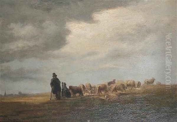 A Shepherd And His Flock In An Open Landscape - view 1