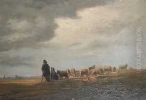 A Shepherd And His Flock In An Open Landscape by Cornelis van Leemputten